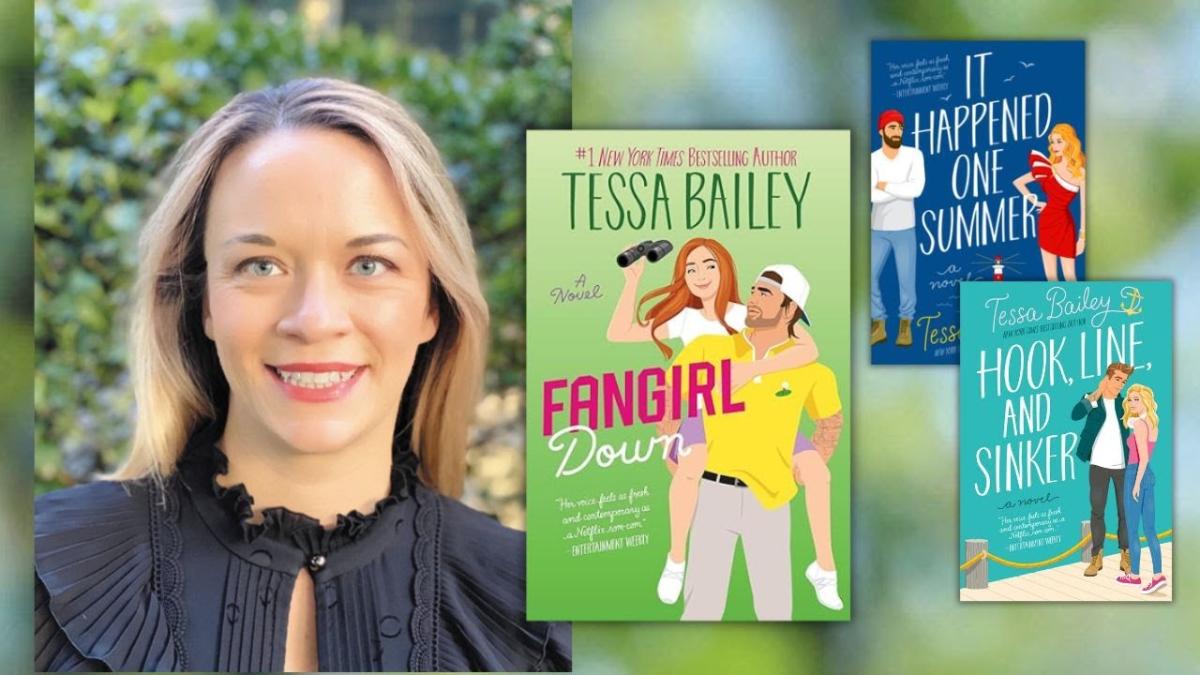 Image of Author Tessa Bailey side by side with an image of her book. 