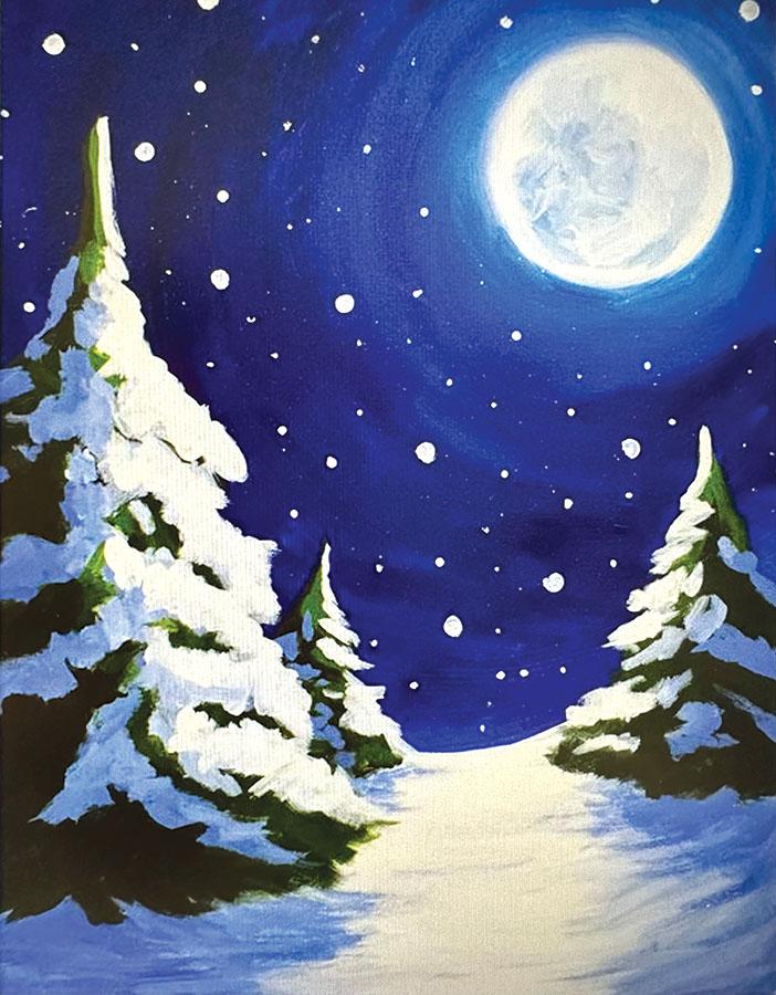 Painted canvas with large snow covered pine trees illuminated by a full moon.