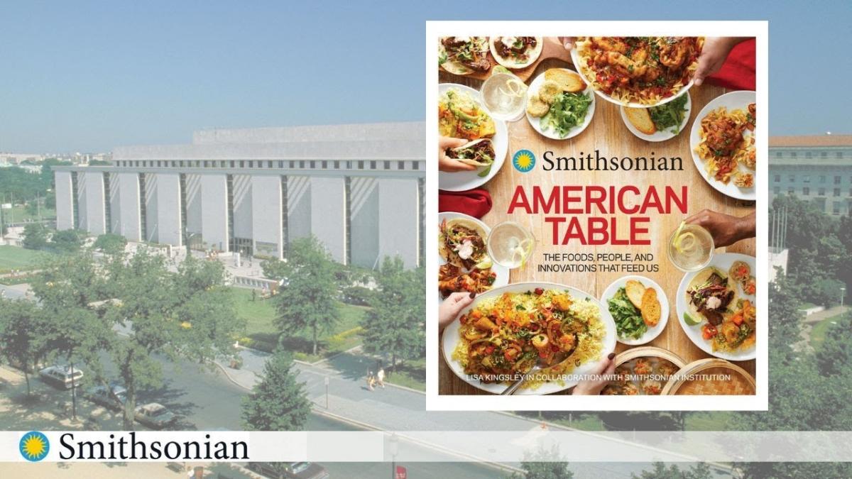 Image of the book cover over an image of the Smithsonian