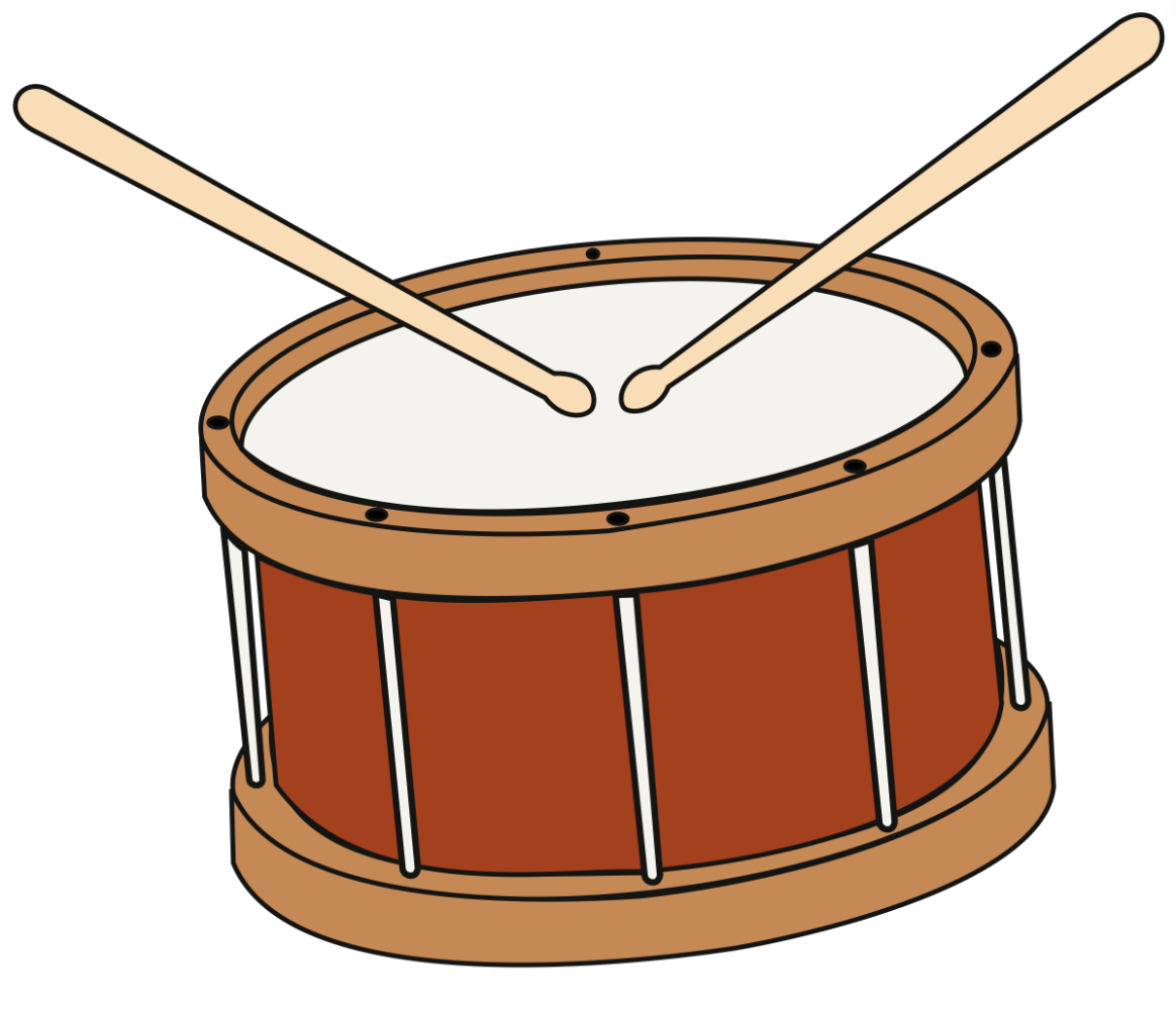 Clipart orange Drum with two drumsticks in the center of a white background.