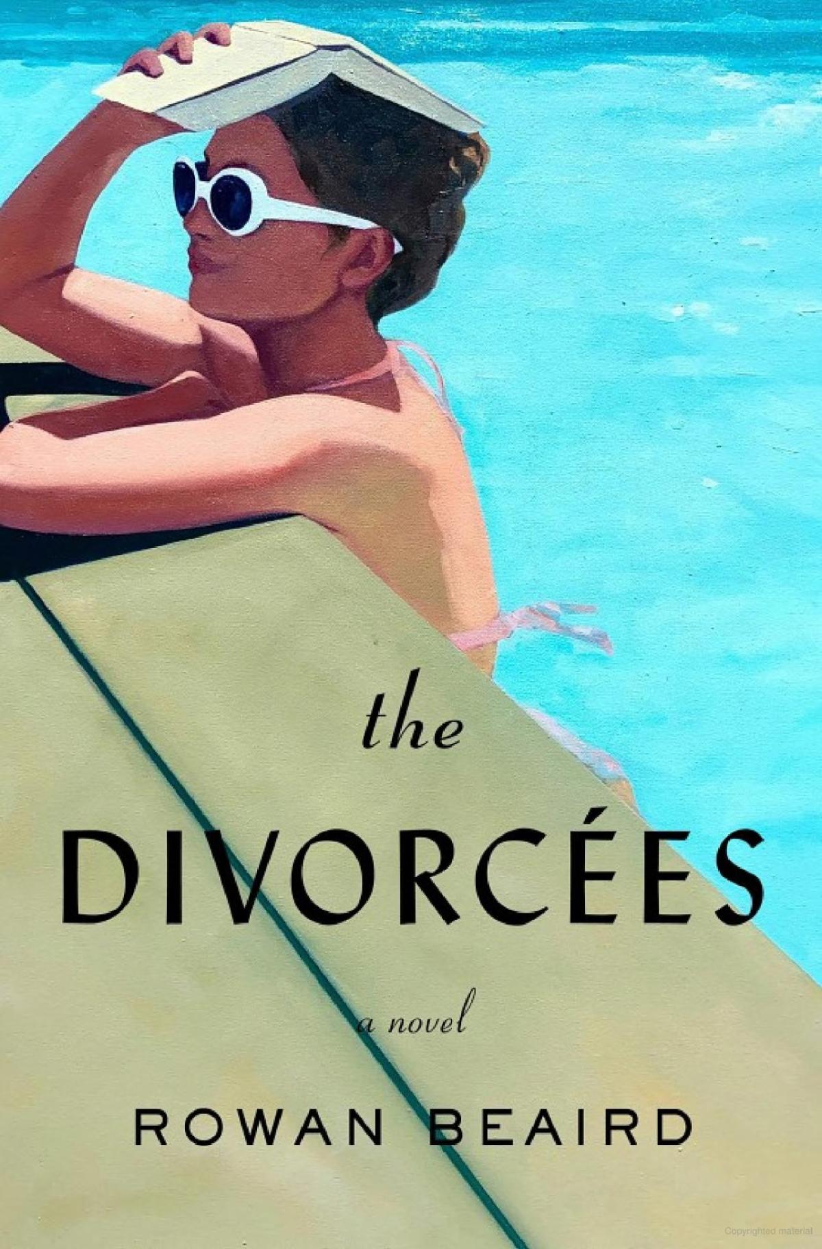 Image of the book cover featuring a woman standing on the side of an in-ground pool. She is in the water with her arms over the side of the pool. She has sunglasses on and she is holding and open book over her head to block the sun.