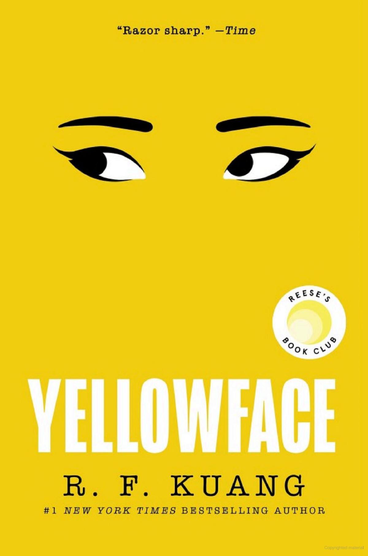 Image of the book cover featuring 2 eyes with eyebrows on a completely yellow cover.