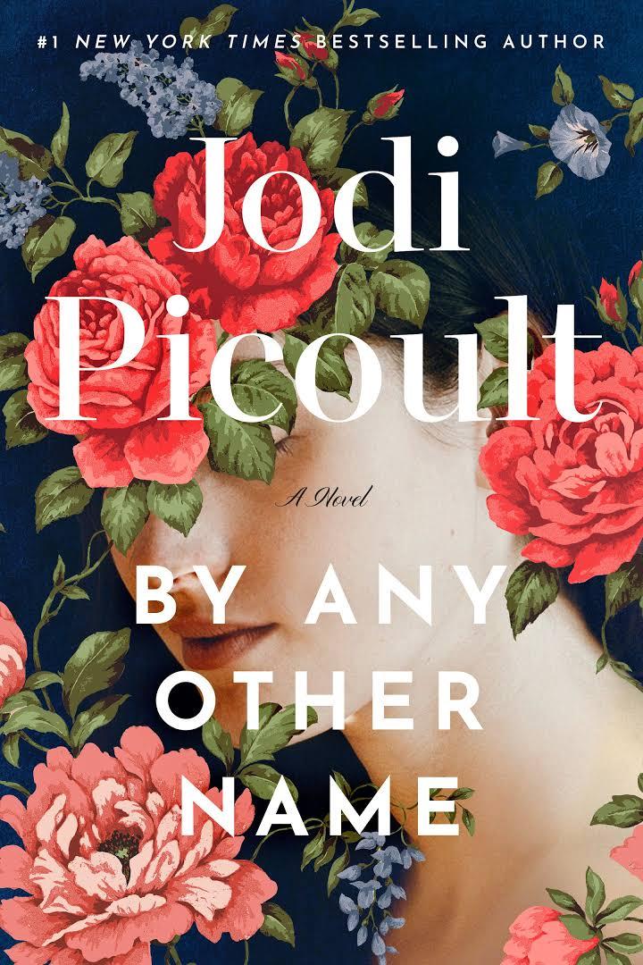 Image of book cover featuring a picture of woman's face and neck but her features are covered with large colorful flowers. 