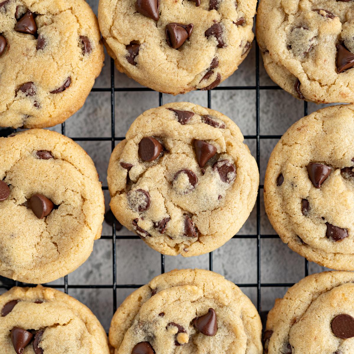 Chocolate chip cookies cooling on a rack