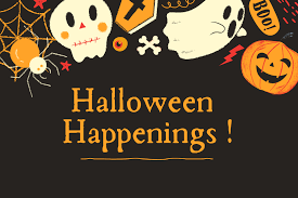 ghosts, pumpkins, skeletons, graves, and spiders with the words Halloween Happenings