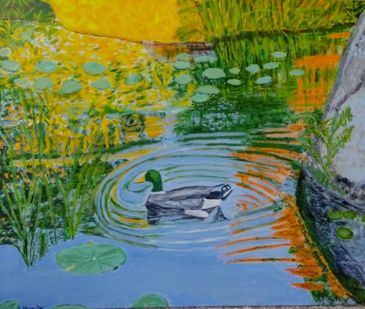 Image of an painting of a mallard duck floating on a pond. 