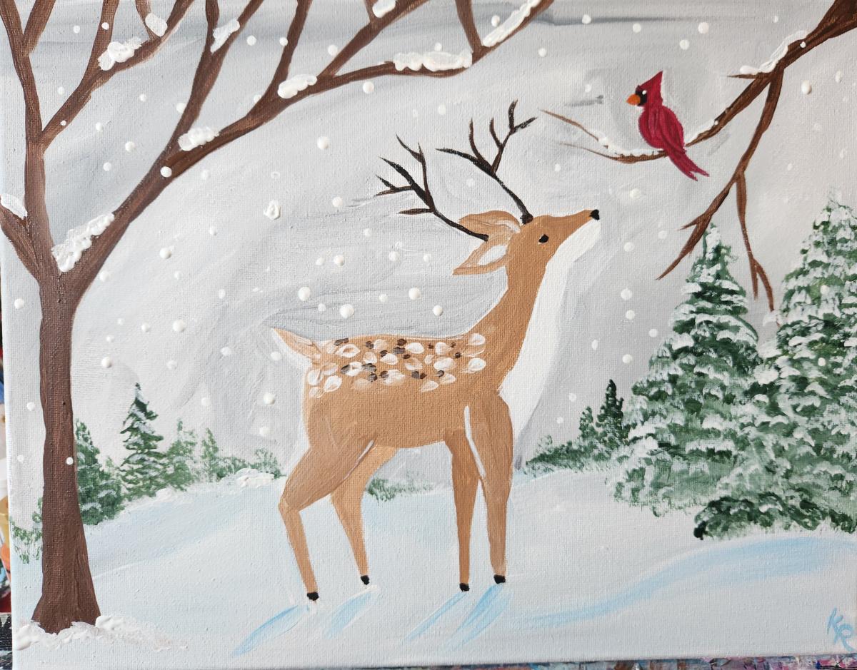 Image of the canvas painting featuring a winter scene with a reindeer and a cardinal.