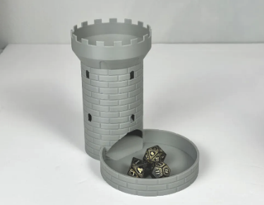 3D Printed Dungeons and Dragons Dice Tower on a white table.