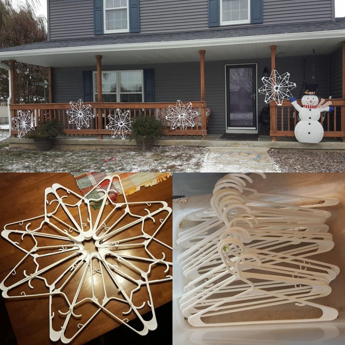 Image of the craft featuring snowflakes made out of white plastic clothes hangers.