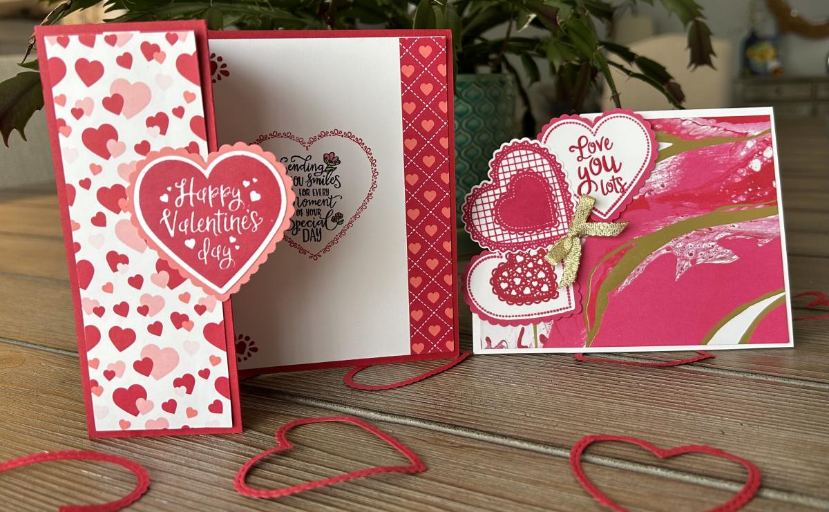 Image of 2 cards decorated with red, pink and gold accents for Valentine's Day