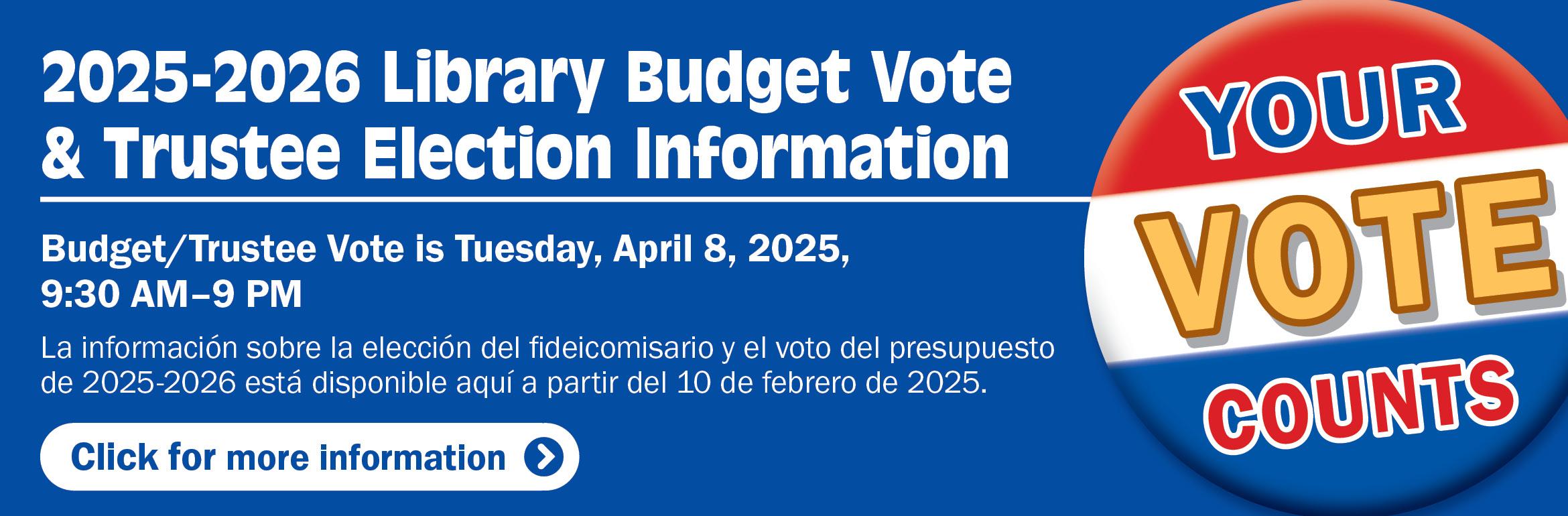 2025-2026 Library Budget Vote & Trustee Election Information slide